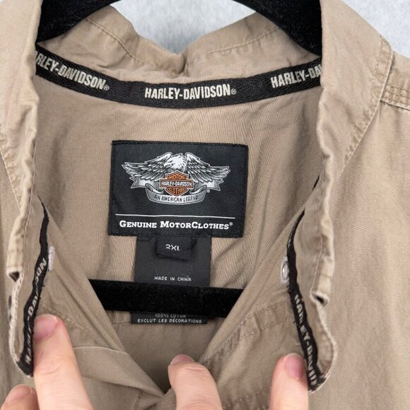 Harley Davidson Long Sleeve Button Down Shirt Size 2XL Tan Khaki Military Style - Picture 7 of 13